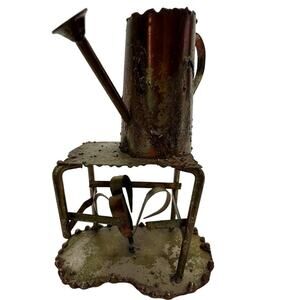 SKU3181 Vintage Tin Watering Can Figurine with Table Flower Accent 5" x 6" x 3"